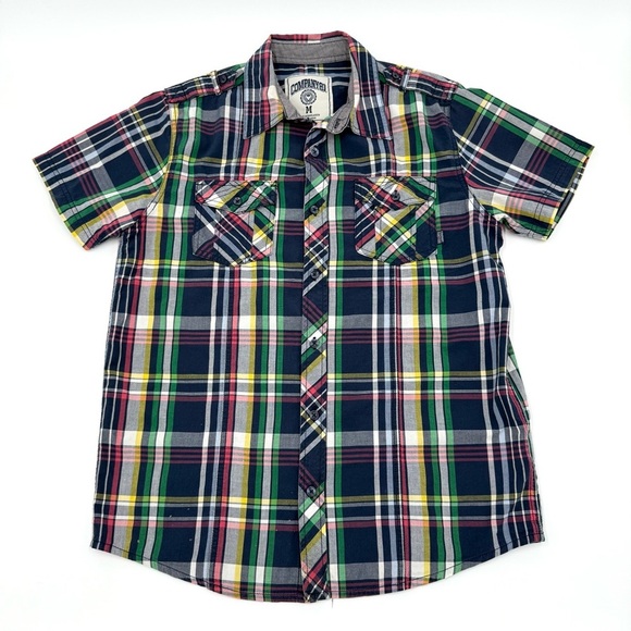 Company 81 Men's Bright Colored Short Sleeve Plaid Shirt Navy Pink Green Medium - Picture 3 of 14